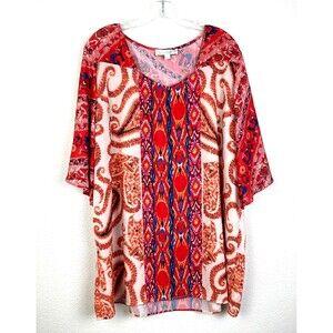 Suzanne Betro Weekend Tunic Top Size 2X Orange Blue Paisley Flutter Sleeve Artsy